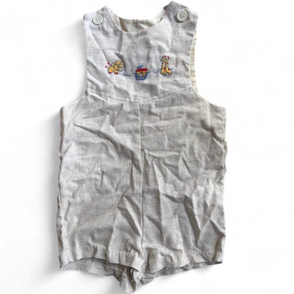 Vintage Linen Baby Romper with Embroidery